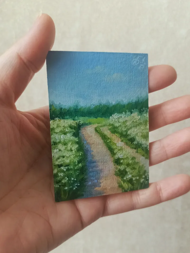Original oil painting ACEO, Road in a field with white flowers, Summer countryside landscape, Collection card 2,5x3,5 in