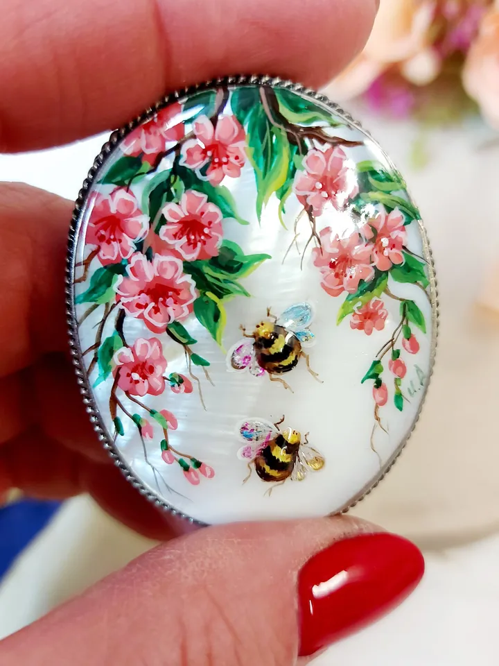 Brooches for women: Pink Wild Roses and Bees Brooch, wonderful hand painted shell pins, handmade paintings on mother of pearl pin for dress