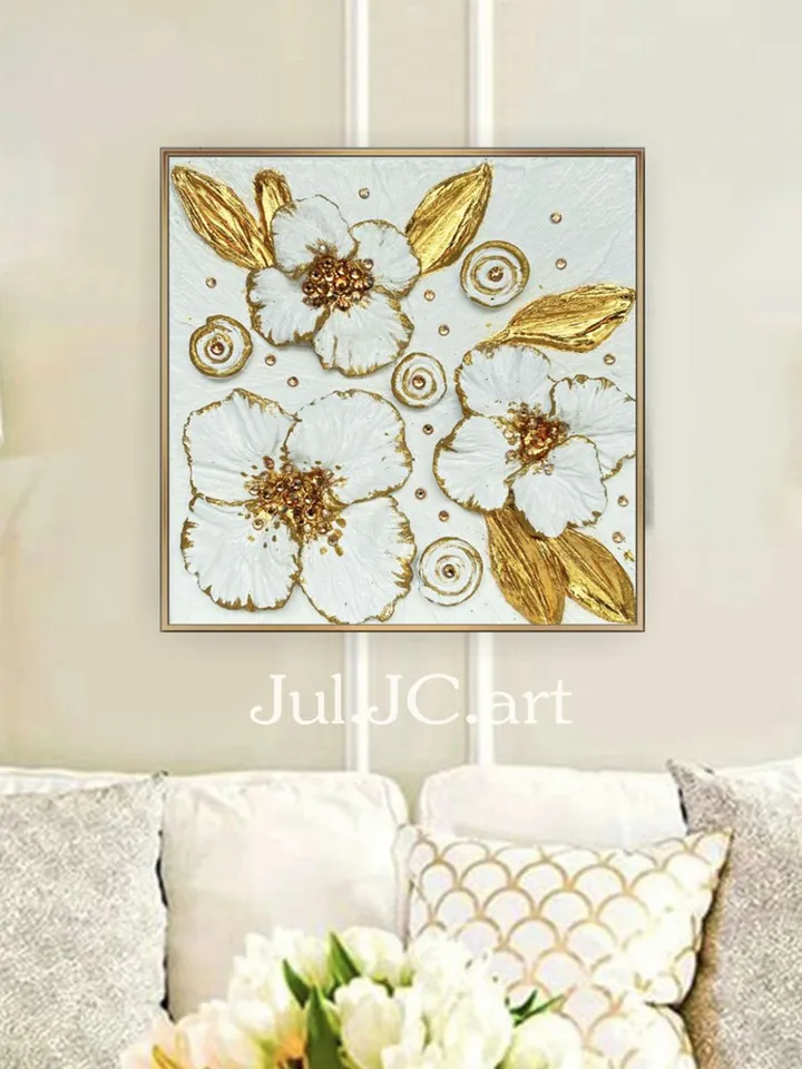 Gold and White Floral artwork with crystals | Poppy Textured painting Flower original art by Juliya JC