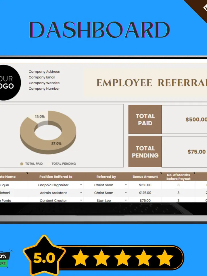 Employee Referral Bonus Tracker Template, Editable Google Sheets, HR Incentive Program Management Tool