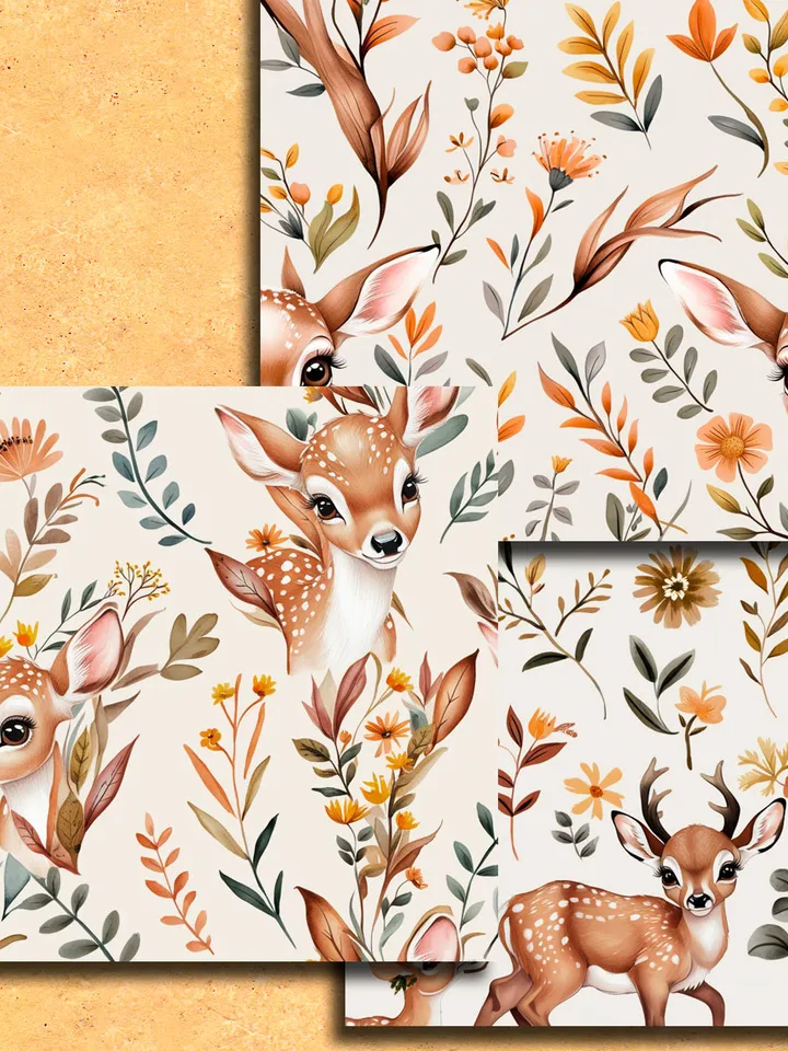 Seamless patterns with cute deer 14 pieces. Unlimited commercial use digital print files. Instant download.