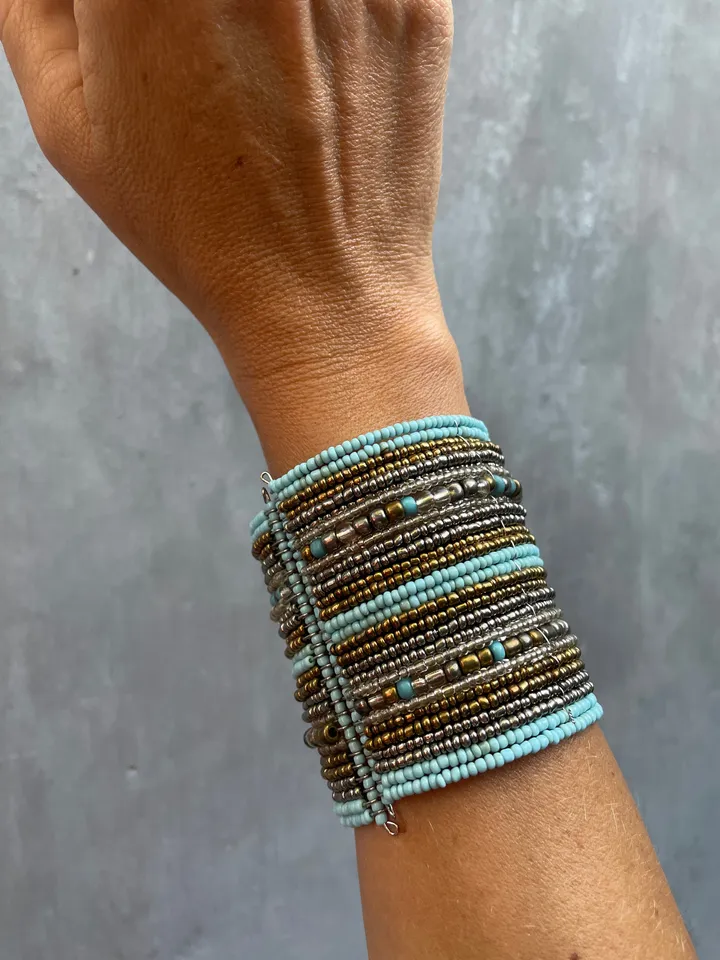 Wide Bead Handmade Bracelet Blue Silver | Boho summer wide bracelet | Summer Handmade Elegant Bracelet | Bead Handmade Hippie Bracelet Wide