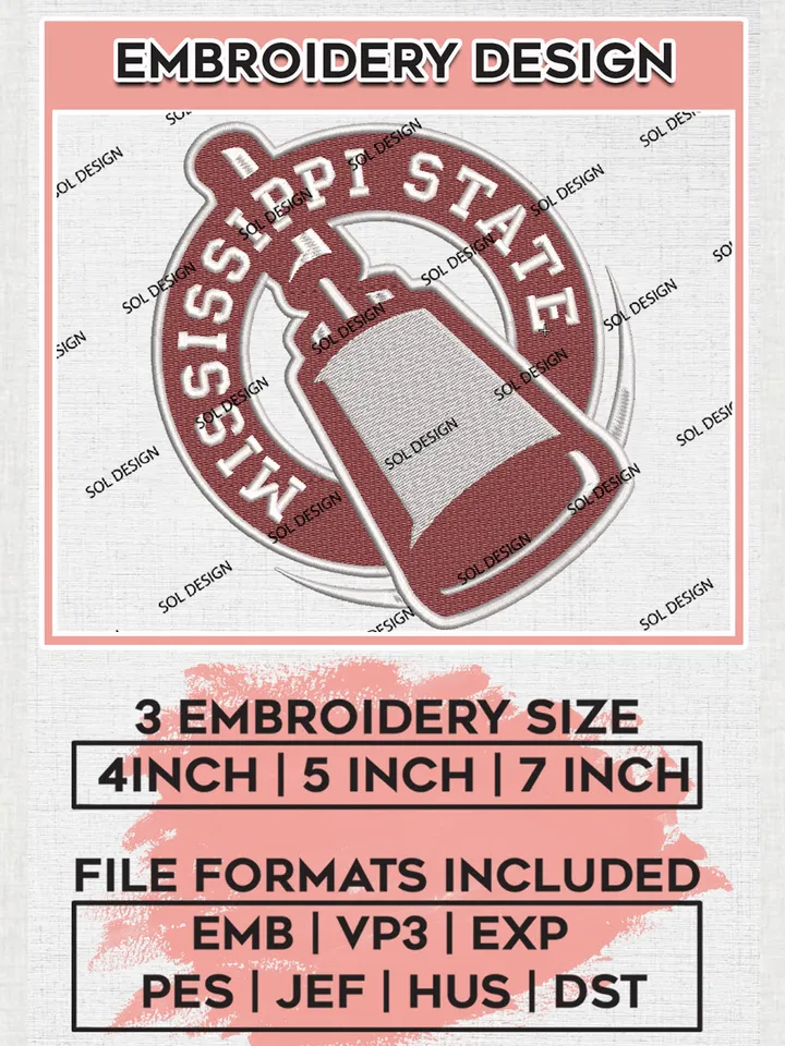 Mississippi State NCAA Team Logo Embroidery Design Files, NCAA Mississippi State Bulldogs Machine Embroidery, NCAA Teams, 3 sizes, NCAA Machine embroidery designs, Digital Download