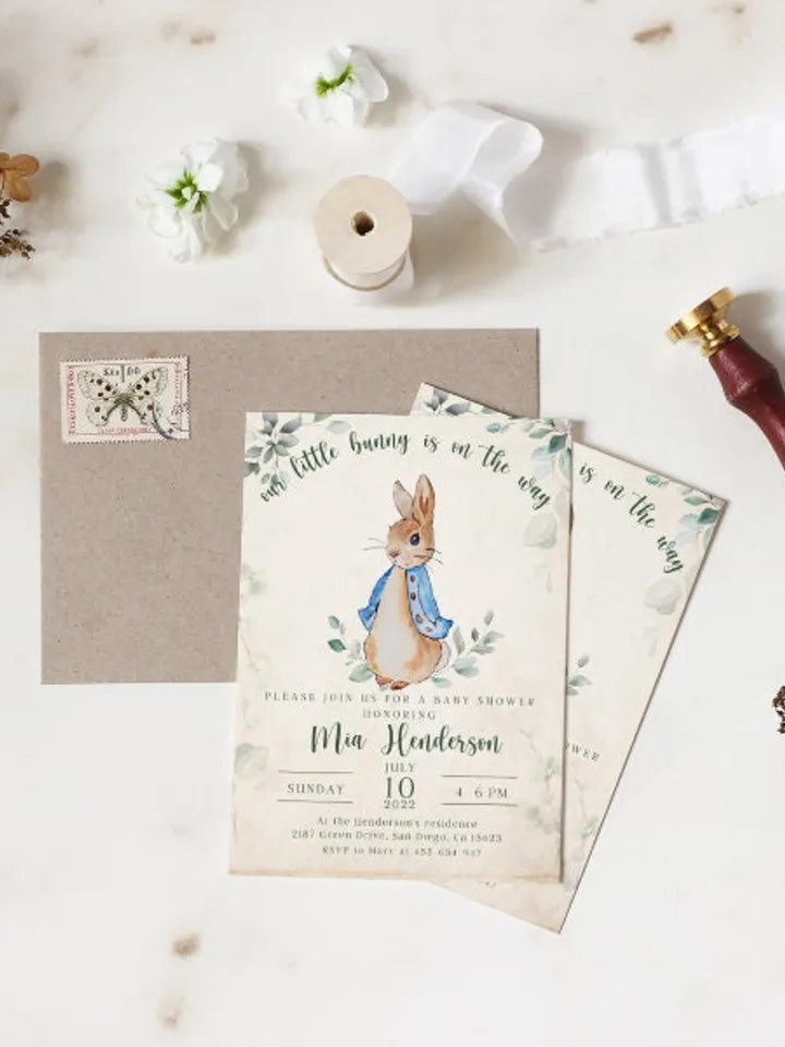 Peter Rabbit Baby Shower Invitation; Neutral Baby Shower Bunny invite; Editable Bunny Baby shower template; BabyBoy Invite; Bunny on the way