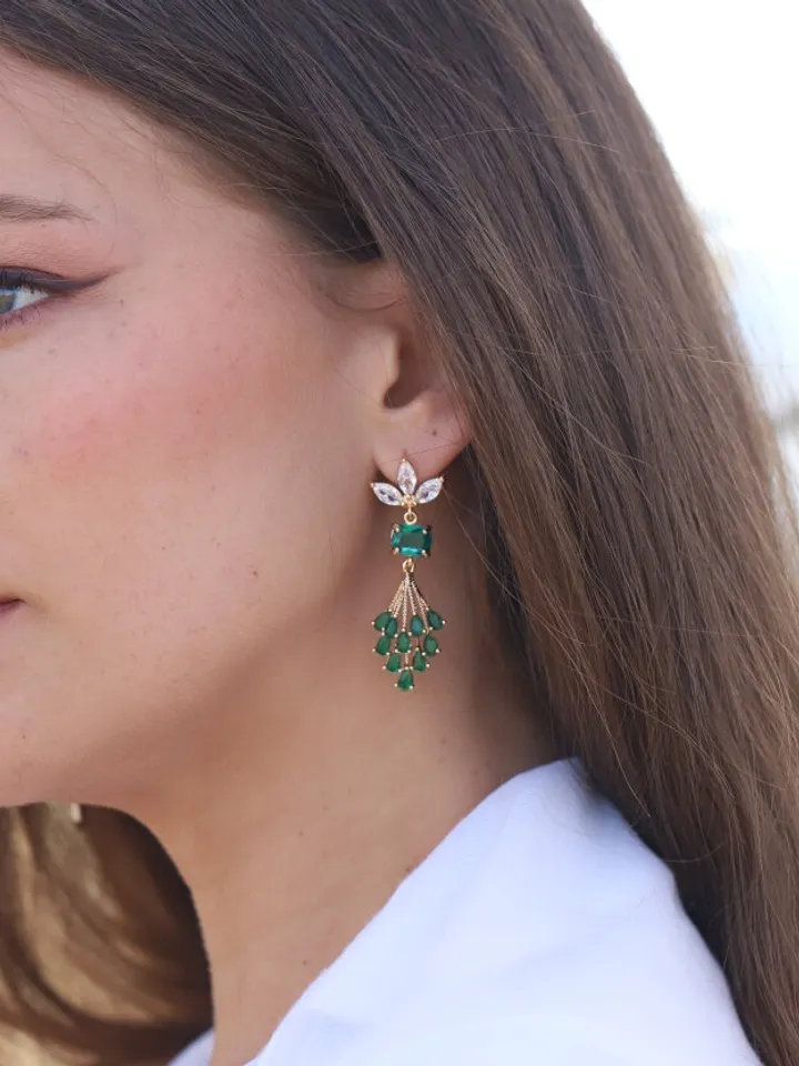 Art Deco Earrings, Boho Bridal Earrings, Statement Wedding Earrings, Emerald Gold Chandelier Earrings, Flower Earrings, Long Wedding Earring