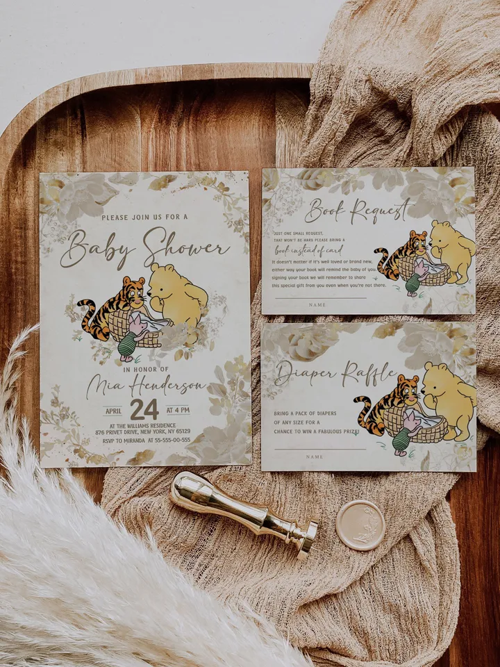 Classic Winnie Pooh Baby Shower Suite; Pooh Baby Shower Editable Template; Neutral  Flowers Baby Shower Bundle; Baby Shower trend of 2023