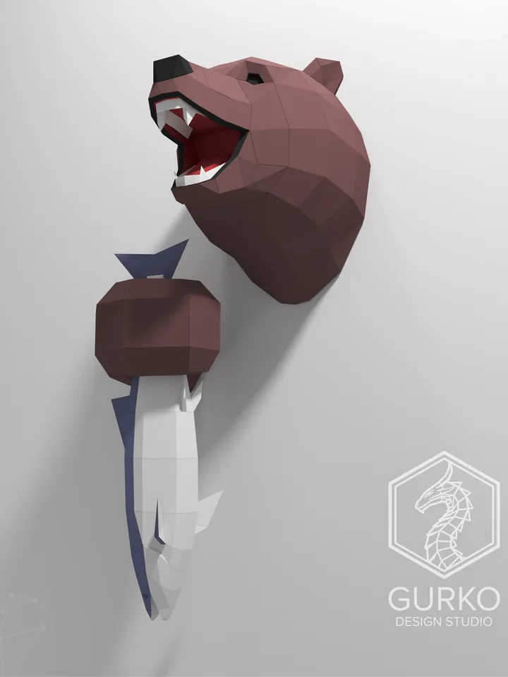 Papercraft Bear With Fish, Digital Template, PDF Download, Gurko, Trophy, 3D Low Poly, Pepakura, DIY Origami, Paper Decor, DIY Gift