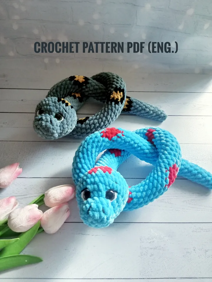 Snake plush crochet pattern No sew do it yourself Amigurumi tutorial PDF in English