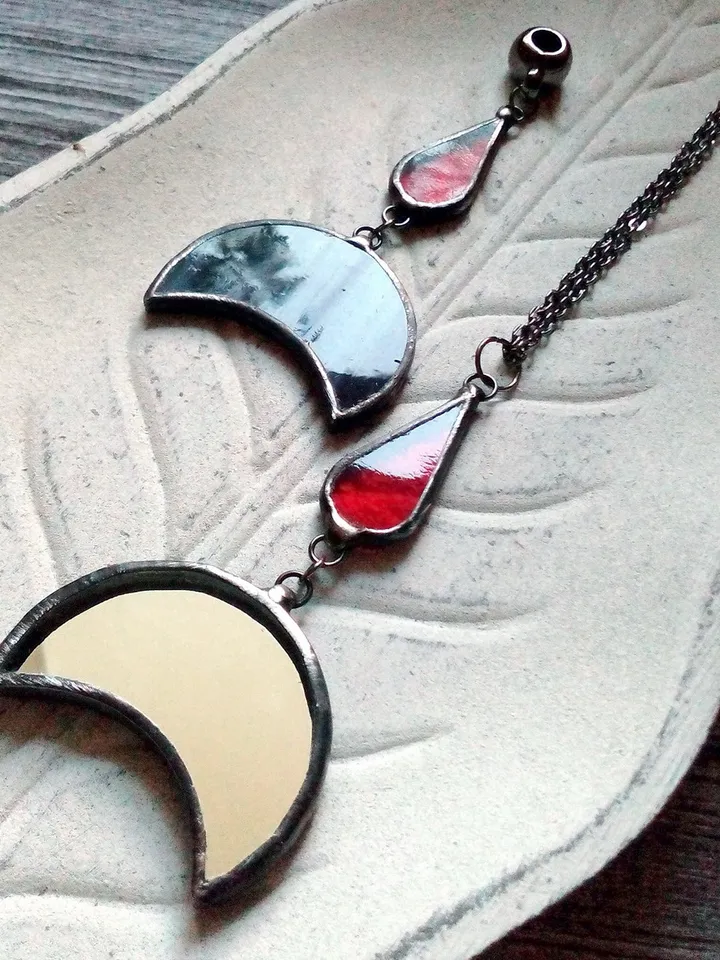 Mirror crescent necklace, blood moon necklace, black lilith, soldered crescent, Halloween moon, witchy aesthetic
