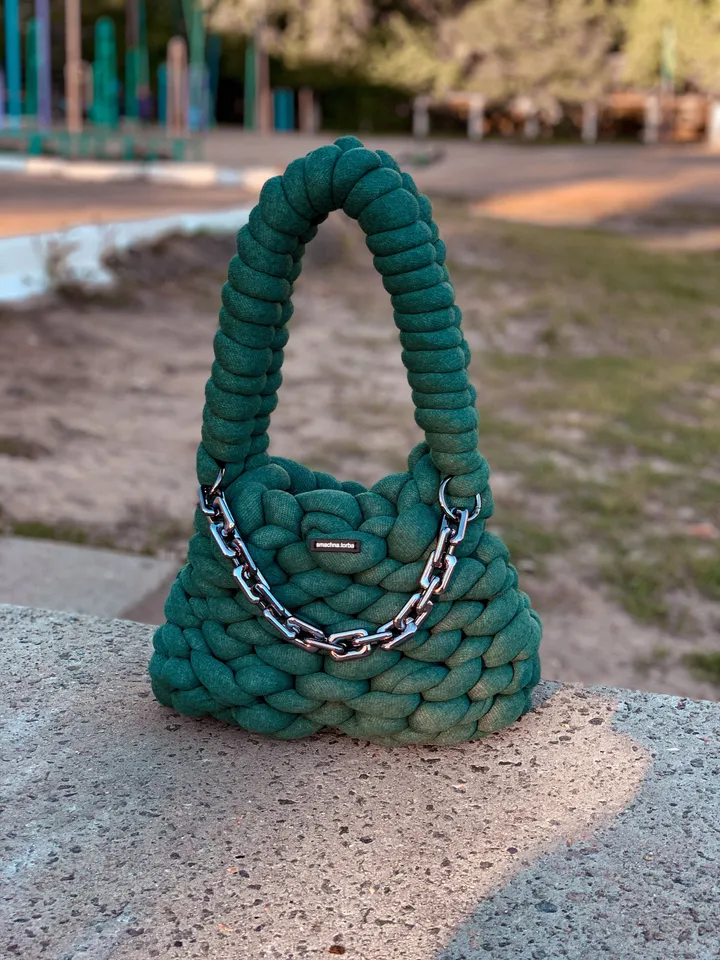 Chunky bag knit pattern PDF and video tutorial, crochet handbag, shoulder purse, vegan knit crossbody, retro style, mini tote