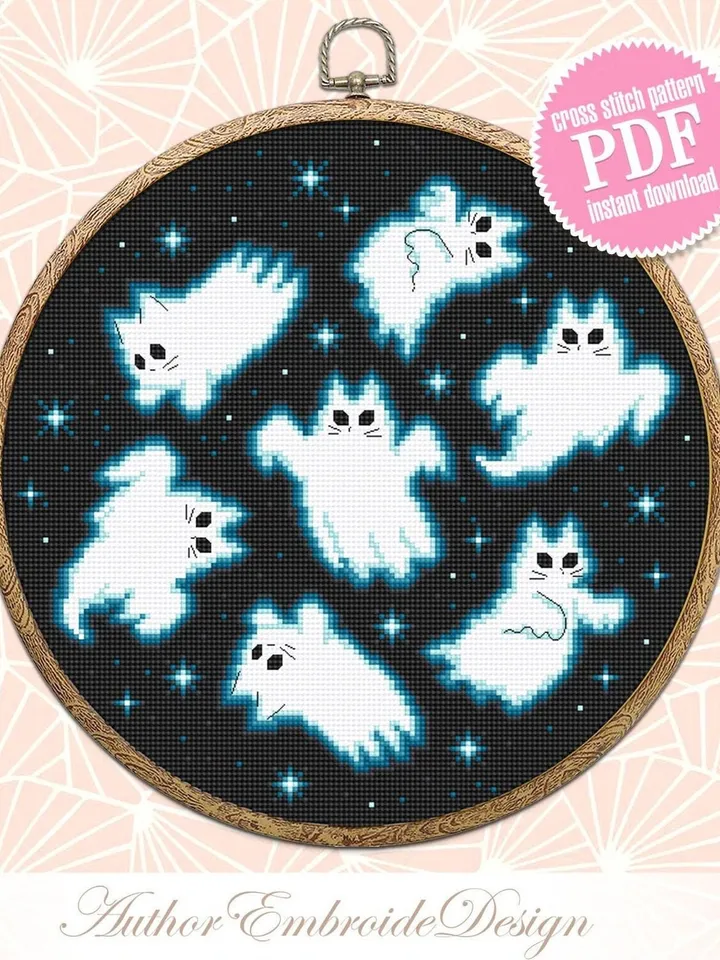 Ghost cat cross stitch pattern PDF download Funny cat ghost cross stitch chart, Halloween embroidery decor, Halloween Cat for cat lover #H66