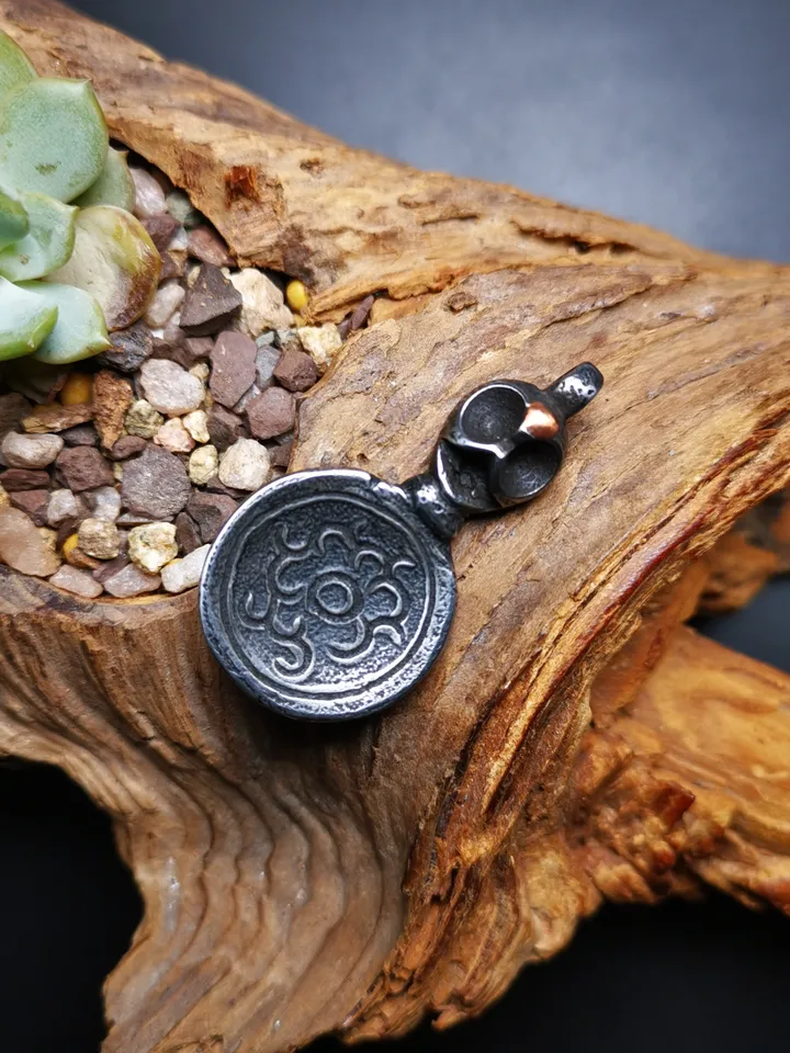 Gandhanra Handmade Buddhist Amulet,Skull Sītavana and Flame Pendant,Cold Iron inlaid Copper