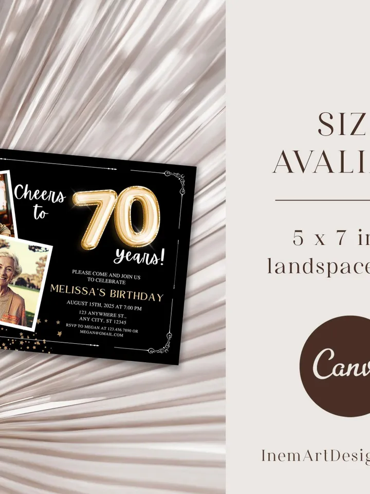 70th Birthday Invitation with Photo Adult Women's Cheers to 70th Birthday Invite Black and Gold Party Card for Grandma Canva Template