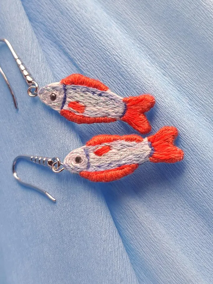 Fish Earrings Embroidery Whimsical Handcrafted Unique Boho Jewelry Gift for Her Quirky Jewelry Accessory Boho Design Symbolic Handmade