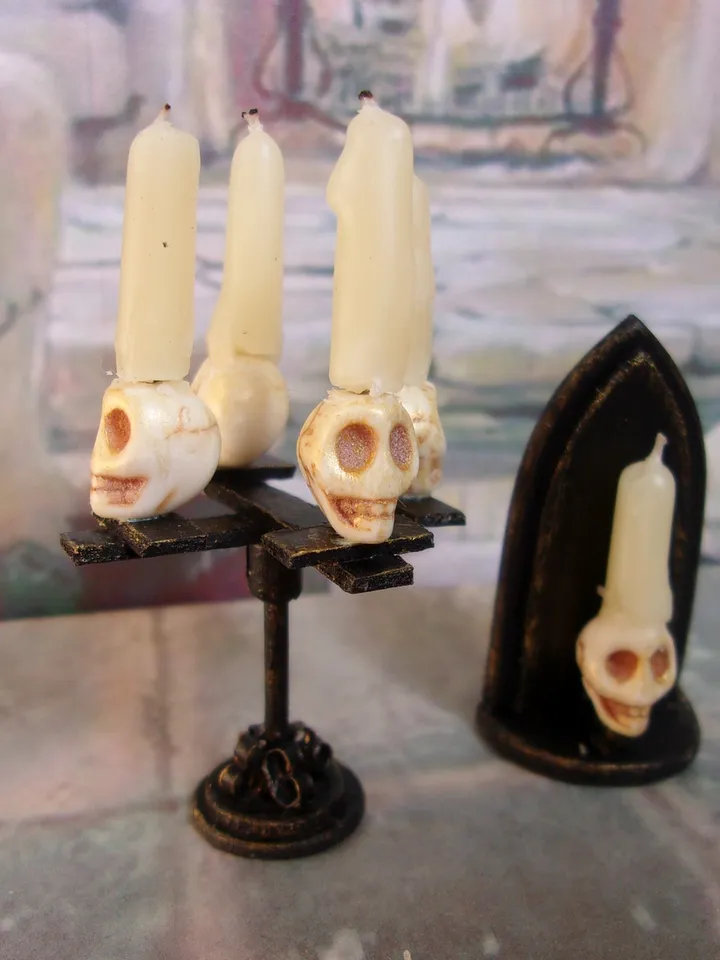 Gothic candlesticks for stylized dollhouse. 1:12. Dollhouse miniature. handmade. Candlesticks with skulls.