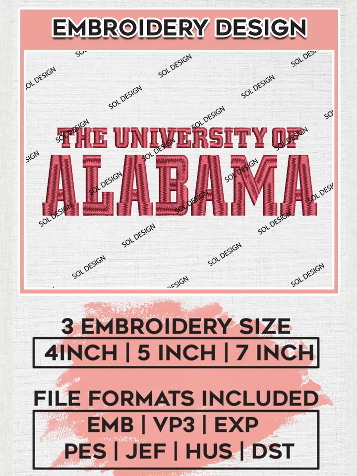 The Uni.versity Of Alabama Team Logo Embroidery Design Files, NCAA Alabama Crimson Tide Machine Embroidery, NCAA Teams, 3 sizes, NCAA Machine embroidery designs, Digital Download