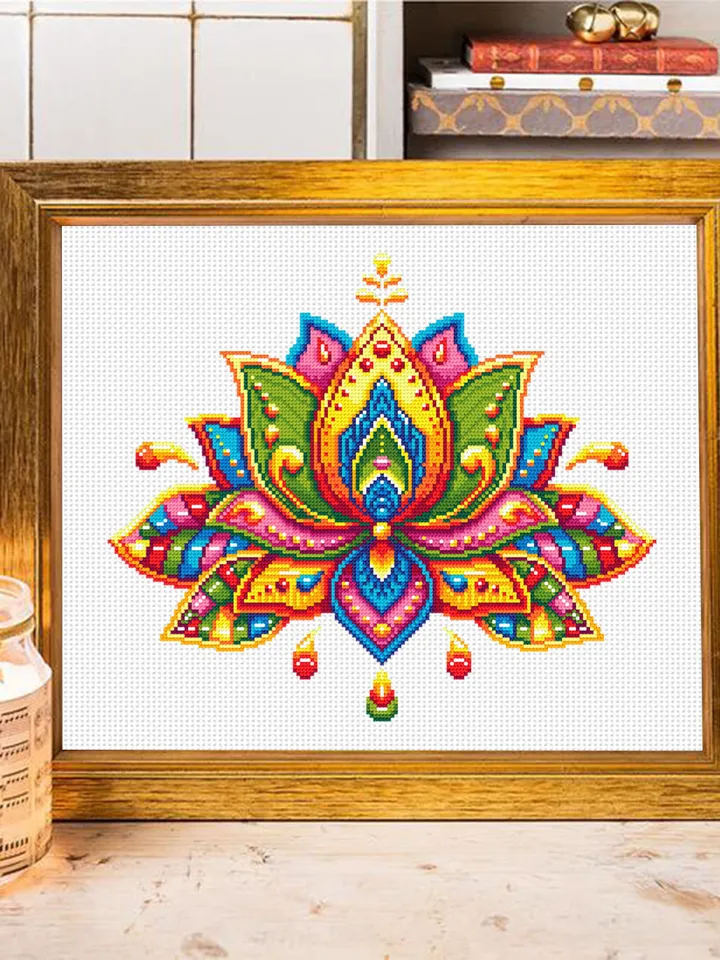 Lotus flower mandala cross stitch pattern PDF download Floral mandala embroidery PDF, Rainbow lotus cross stitch chart, Lotus mandala #M197