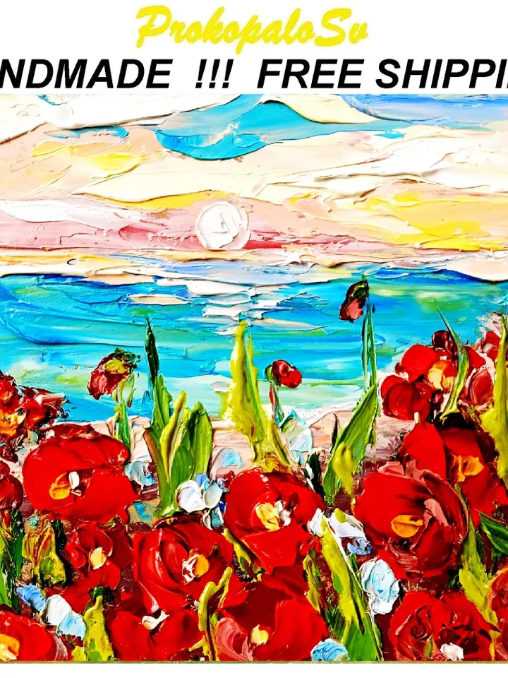 Point Reyes Painting Red Poppies Fields Impasto Art California Seascape Christmas Gifts Original Artwork Travel Gifts by ArtProkopaloSv