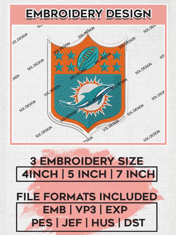 Miami Dolphins Logo Machine Embroidery Design Files, NFL Dolphins, NFL Logo Embroidery Files, NFL Miami Dolphins Machine Embroidery Design, Digital Download