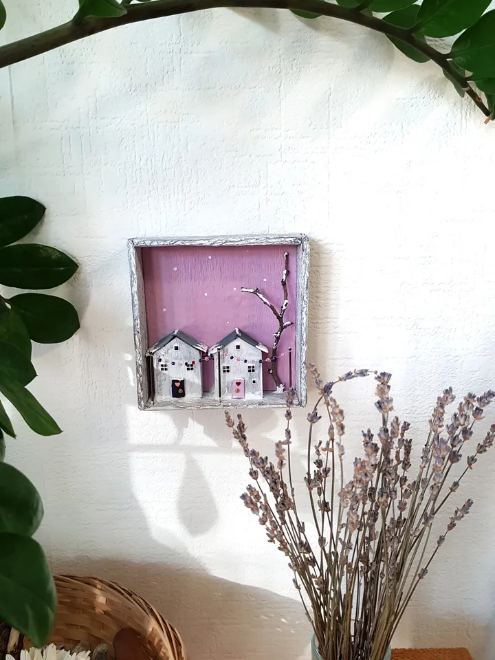 Miniature Christmas Houses Shadow Box 3D painting