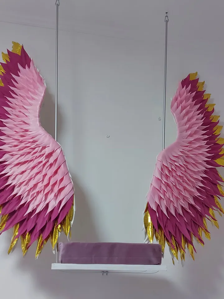 Handmade swing, hanging swing, Large angel wings, fuchsia and gold wings, winged swing,  Party Background nursery decor