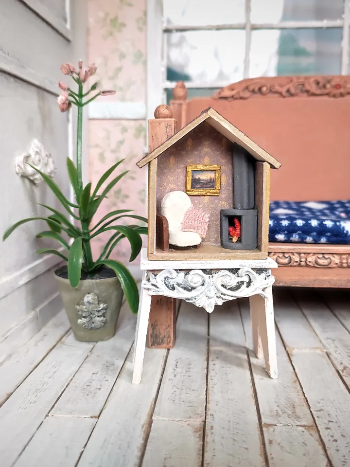 Micro Hall with Fireplace Miniature Doll House With Furniture scale 1/100