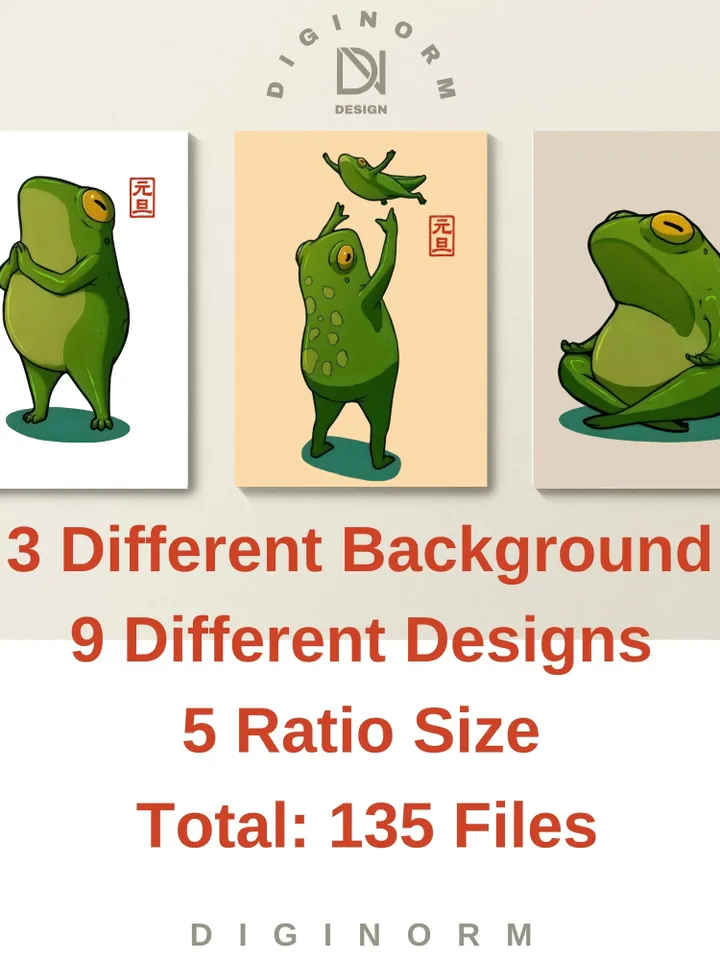 Japanese Matsumoto Hoji Frog Set of 9, Vintage Frog Woodblock Poster, Ukiyo-e Frog Print, Japanese Frog Printable Wall Art, Digital Download