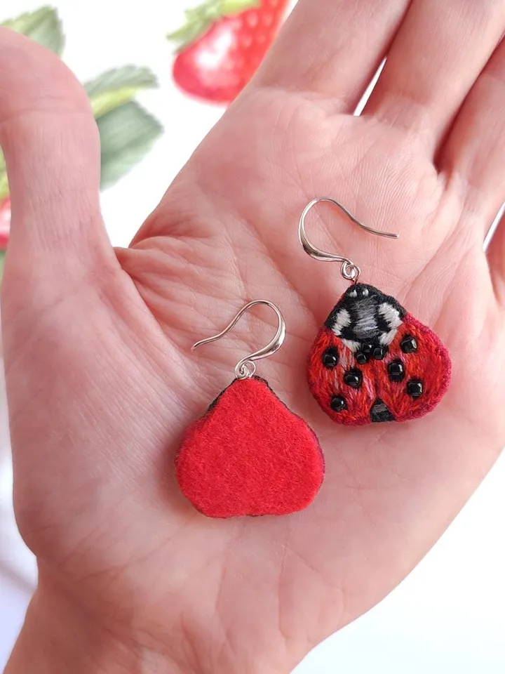 Ladybug Earrings Embroidery Handcrafted Funny Jewelry Artisan Earrings Quirky Accessory Party Boho Design Fiesta Folk Art Celebration Decor