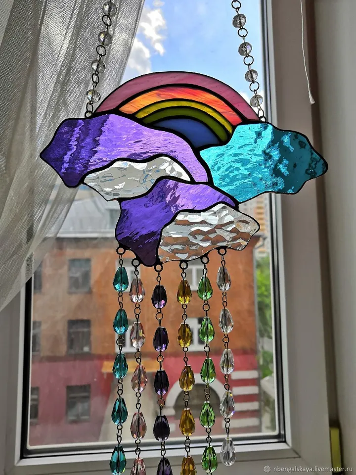 Stained Glass: Rainbow with Six Rainfalls, Hanging Stained Glass, Stained Glass Pendant, Decorative Interior Hanging, Rainbow Stained Glass, Stained Glass with Rainbow, Clouds, and Rain,Rain Stained Glass,Stained Glass with Rainbow for Interior Decoration