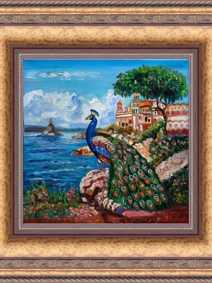 Peacock Blue Art Original Oil Painting Oil on canvas