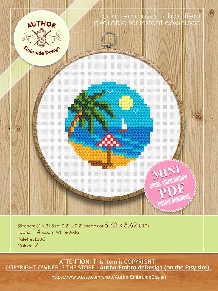 Small cross stitch pattern download PDF Nature palm beach mini embroidery beginners Tiny ocean picture cross stitch Nature lover gift #L42