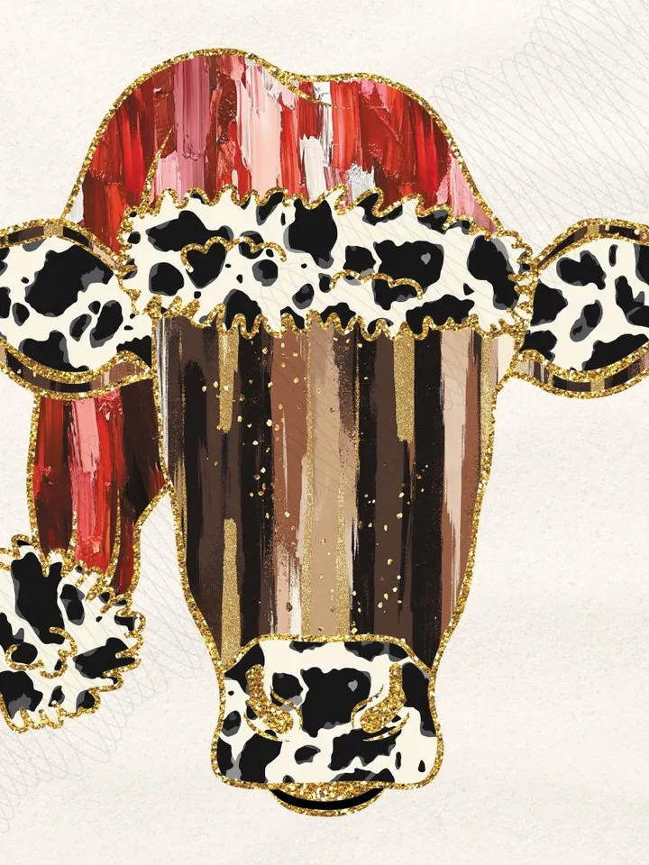 Colorful Coquette glitter cow png girls brushstroke mooey christmas design cow Christmas winter png bow acrylic brushstroke cow western