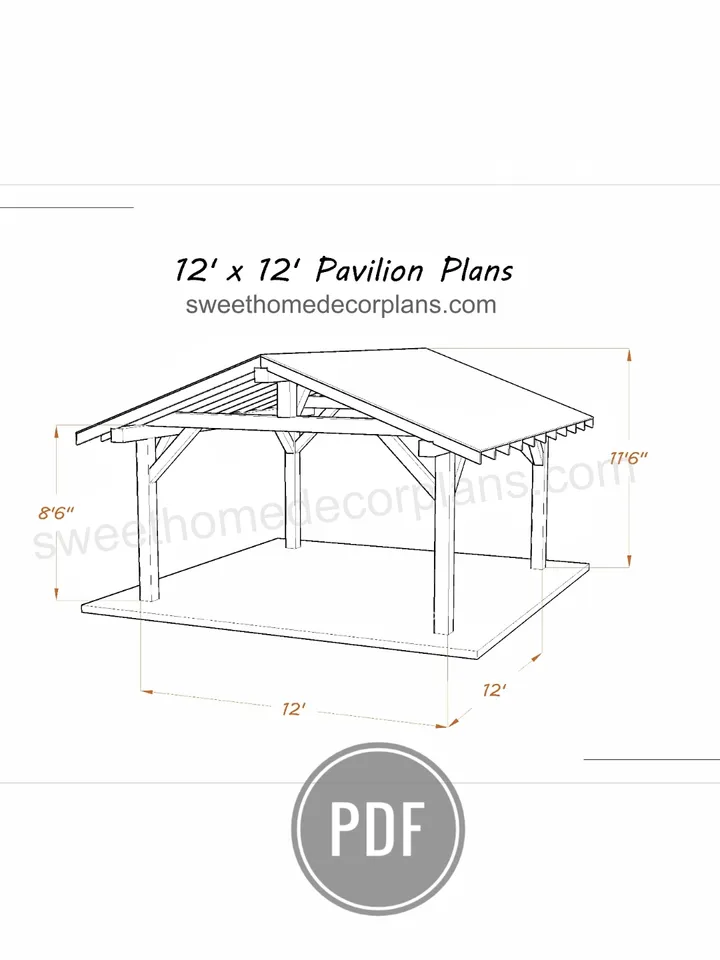 Diy 12 x 12 gable pavilion plans in pdf. Carport plans. Square outdoor covered gazebo plans. Diy backyard wooden pergola plans for outdoor