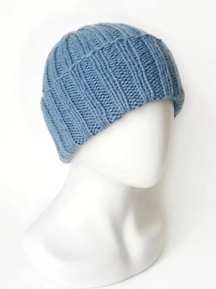 Handcrafted Light Blue Men's Winter Beanie: Luxurious Cashmere-Merino Wool Blend, Ribbed Texture, Cozy and Warm Knit Hat. FREE SHIPPING!