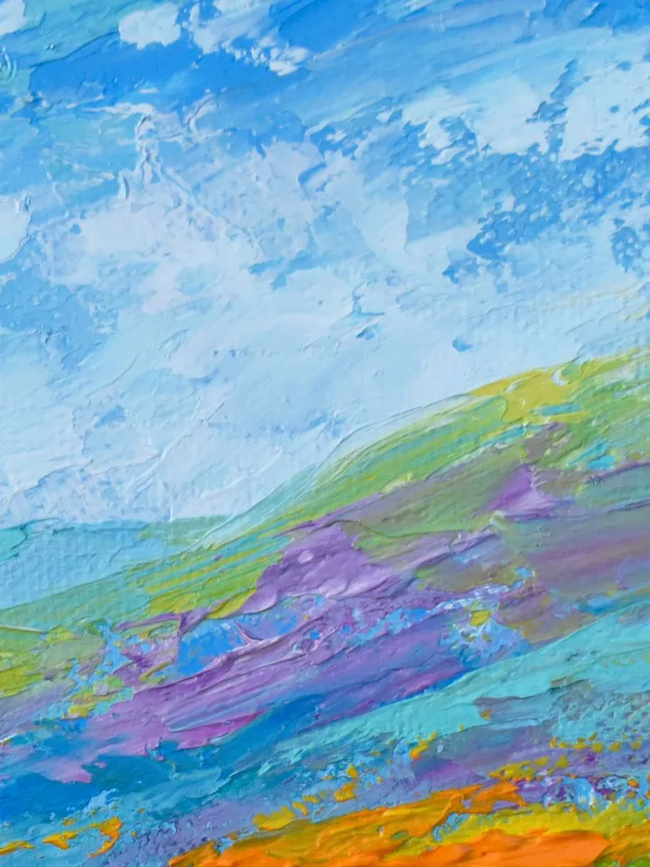 California poppies painting Mountain Landscape Small Original Art 5 by 7 in Wildflower Painting by Juliya JC