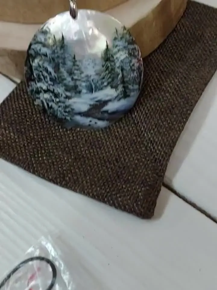 Mother-of-pearl pendant "Winter. River in winter". Miniature on the sink. Hand-painted jewelry. An artistic gift from Fedoskino