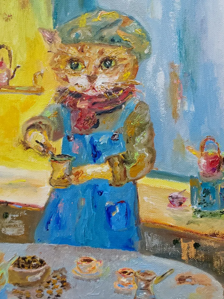 Oil painting on canvas "Cat Barista" 24x30cm (9.6x12 inch)
