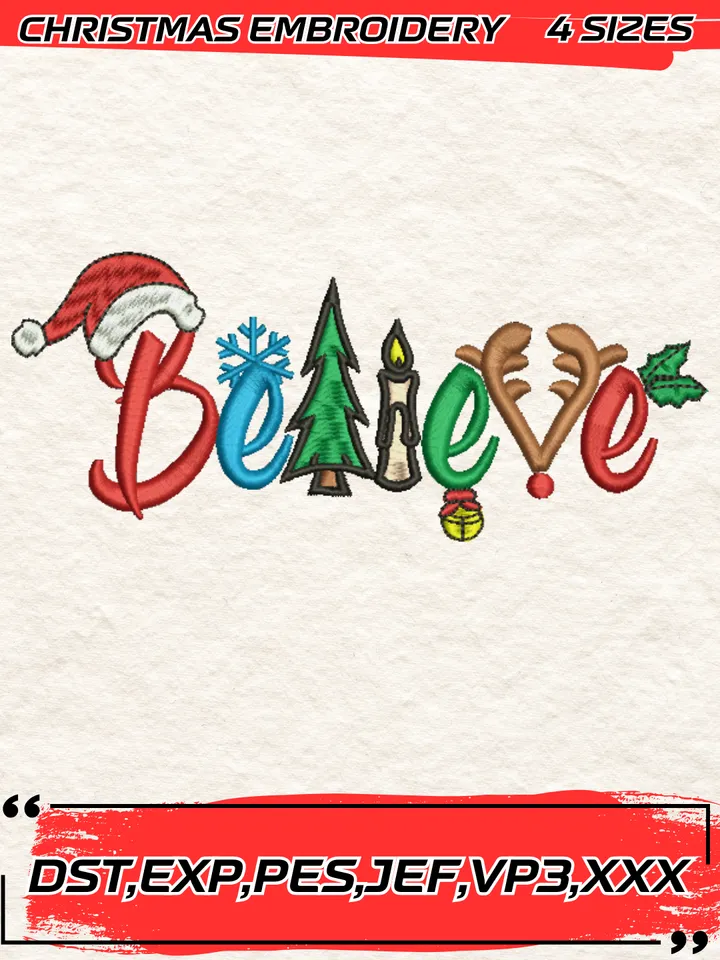 Christmas Believe Embroidery Design,Christmas Embroidery Design,4 Sizes, Digital Download #3