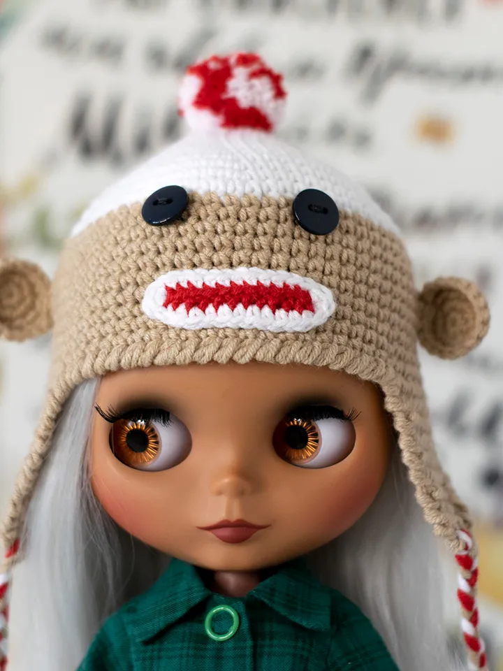 Monkey hat for Blythe doll, Pullip doll, Icy doll, animals hat with ears for Halloween, crochet accessories for doll