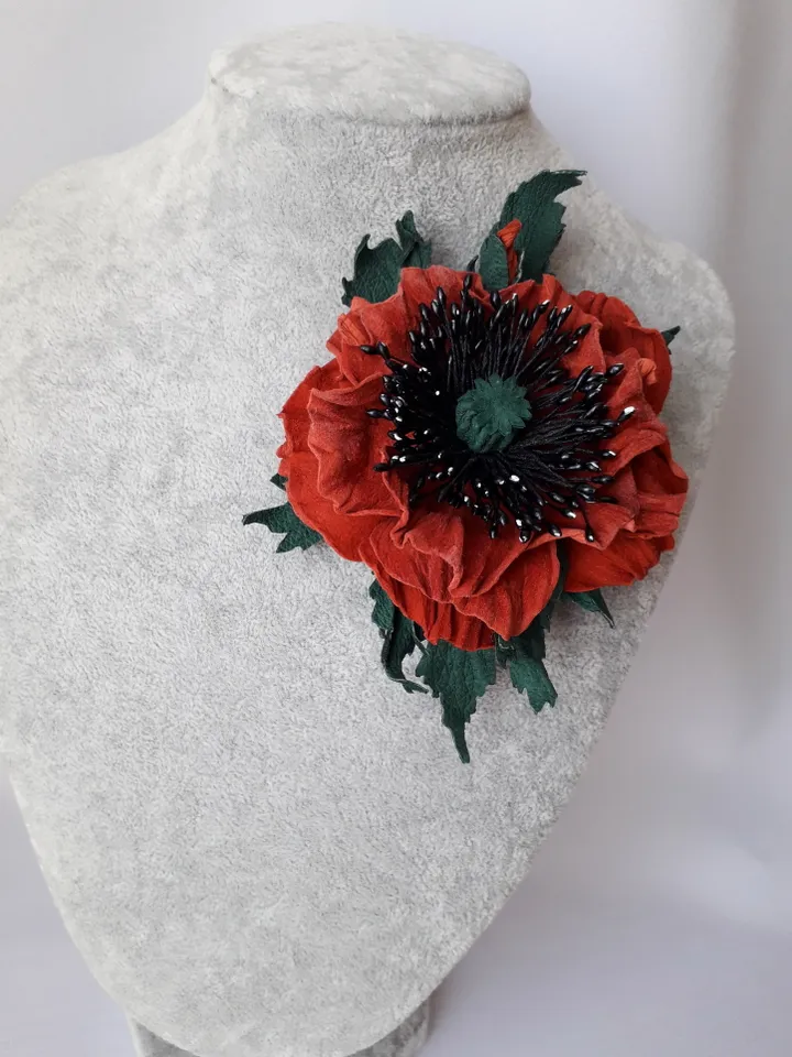 Red poppy leather brooch 3rd anniversary gift for wife, Leather women's jewelry
