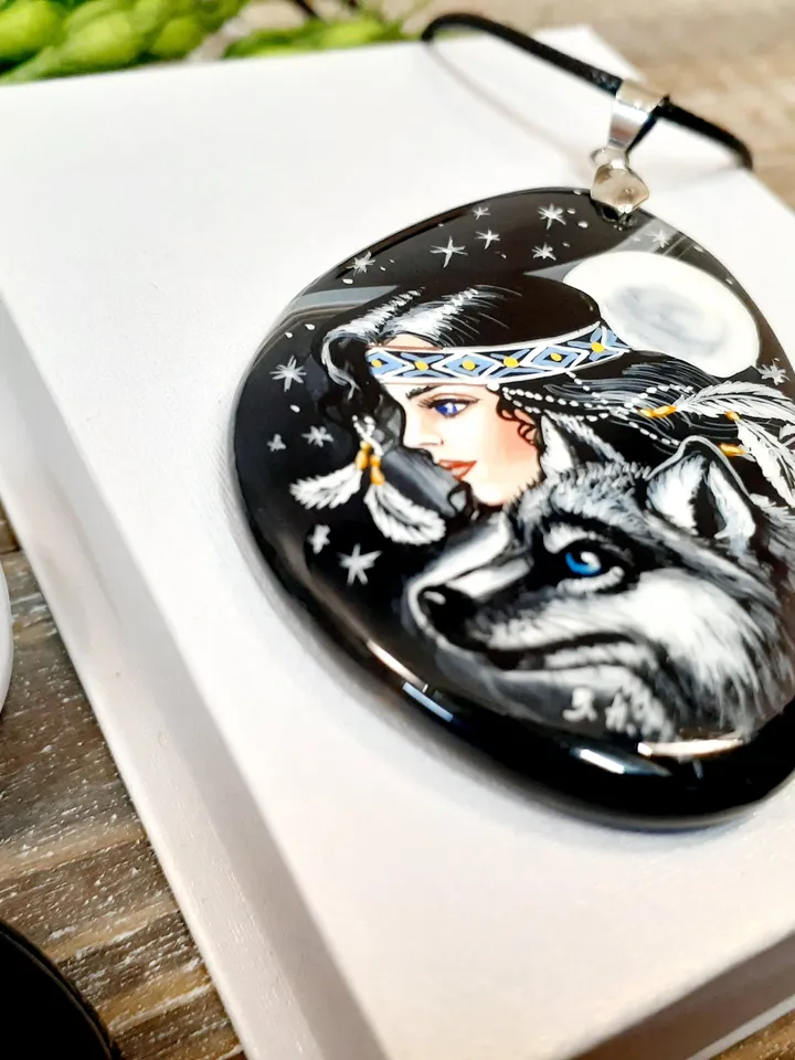 The Forest Fairy pendant. Author's work. Hand-painted on stone. Russian School of Painting. Fedoskino. Agate.Hand painted miniature painting