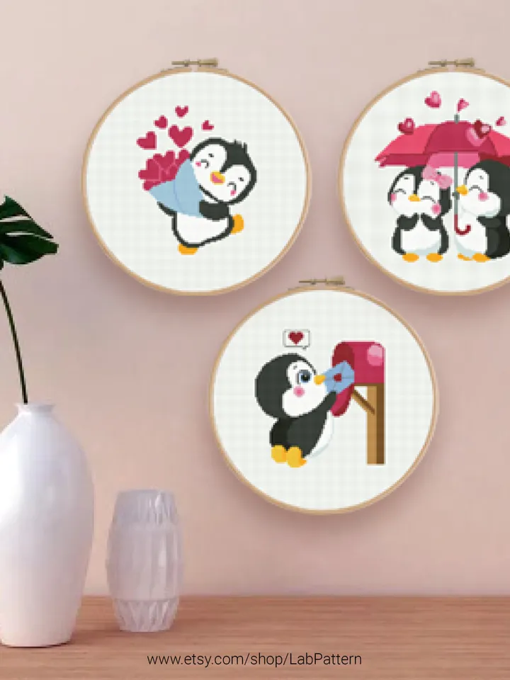 Funny Penguins Love Heart, ornament, nursery decor valentine's day cross stitch pattern, counted, chart, gift DIY, embroidery, instant PDF
