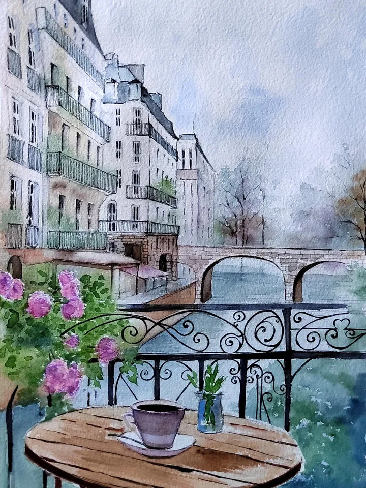 French Cafe Painting Original Watercolor Artwork 9,4x13,8 in by Art Café