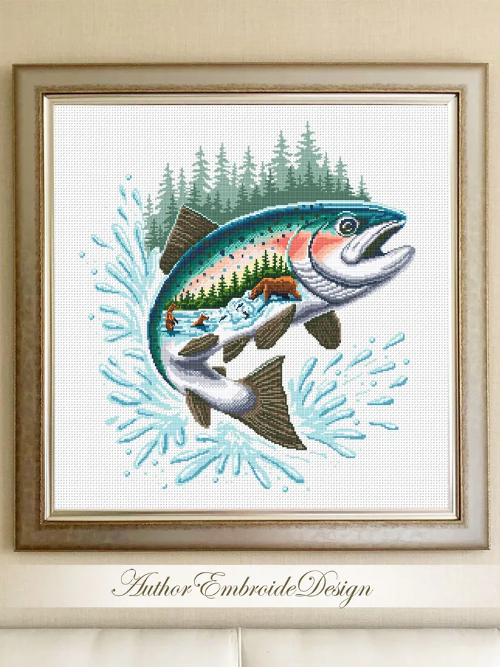 Salmon Fish cross stitch pattern PDF download Katmai national park cross stitch chart, Bears catch fish, Nature landscape pattern PDF #L80