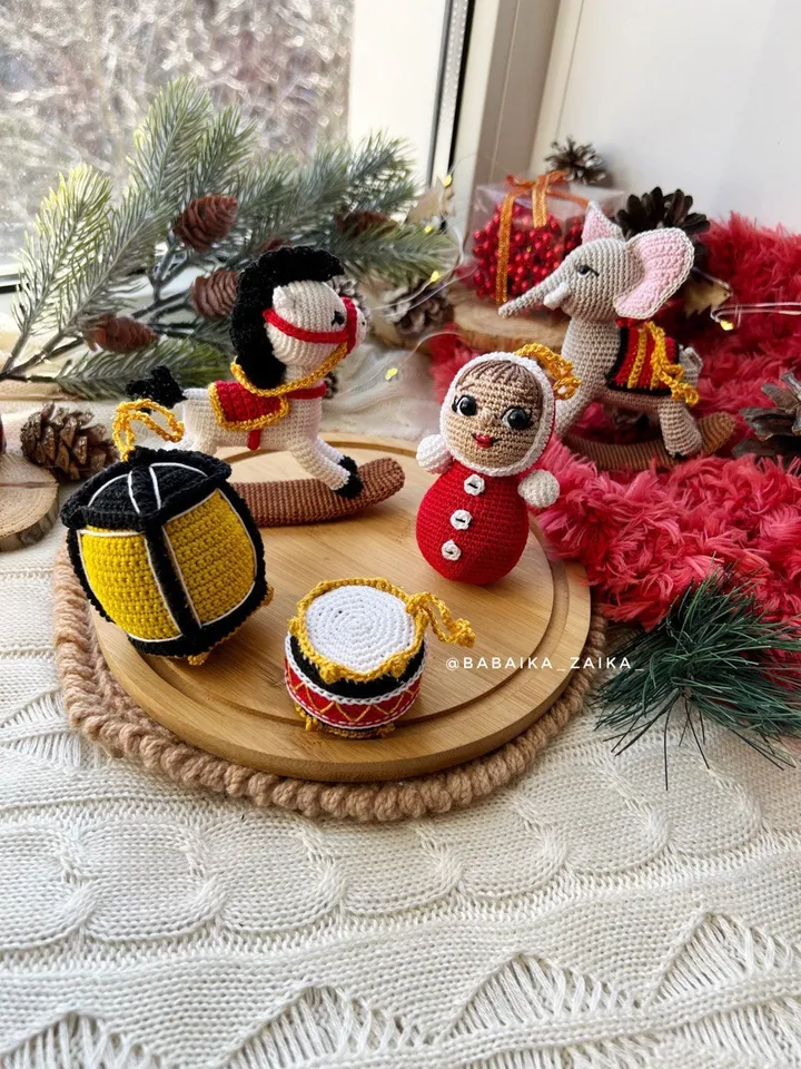 PDF Crochet Christmas Tree toys SET: Rocket Horse, Drum, Rocket elephant, Flashlight, Nevalyashka Doll, Christmas Amigurumi Pattern Decor