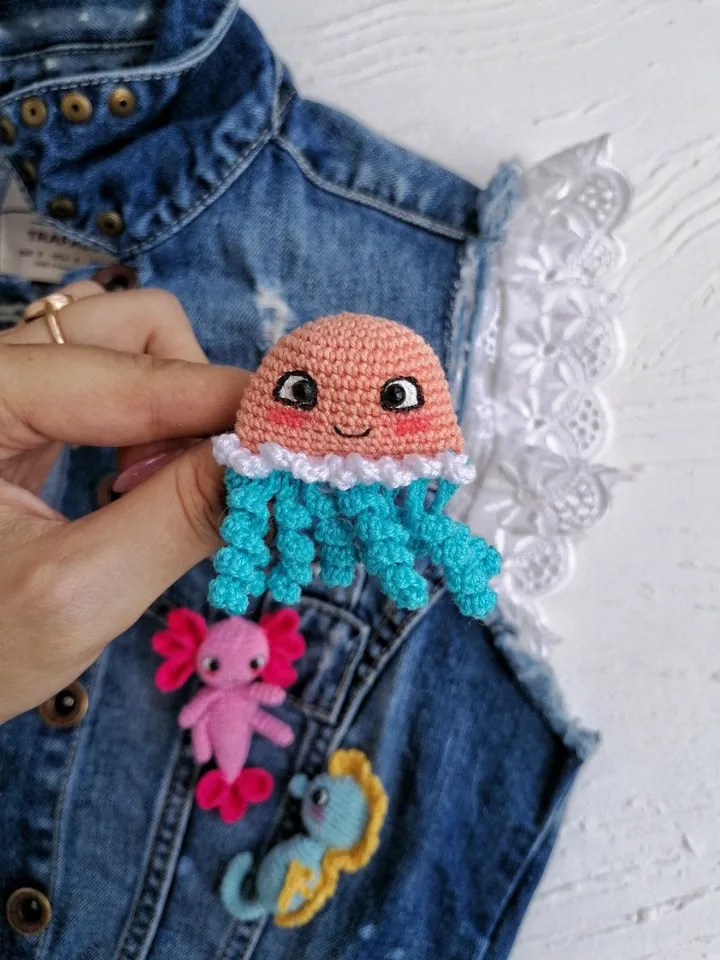 PDF Crochet Sea Brooches SET Pattern: Axolotl Seahorse Jellyfish Crochet Animal Pattern Small Crochet Pattern Brooch Amigurumi Easy Pattern