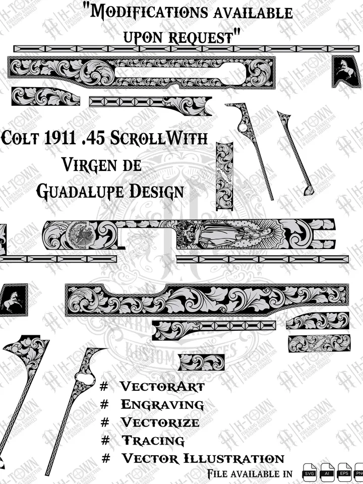 Colt 1911 .45 Scroll Engraving Vector Design: Virgen de Guadalupe (Digital Download)