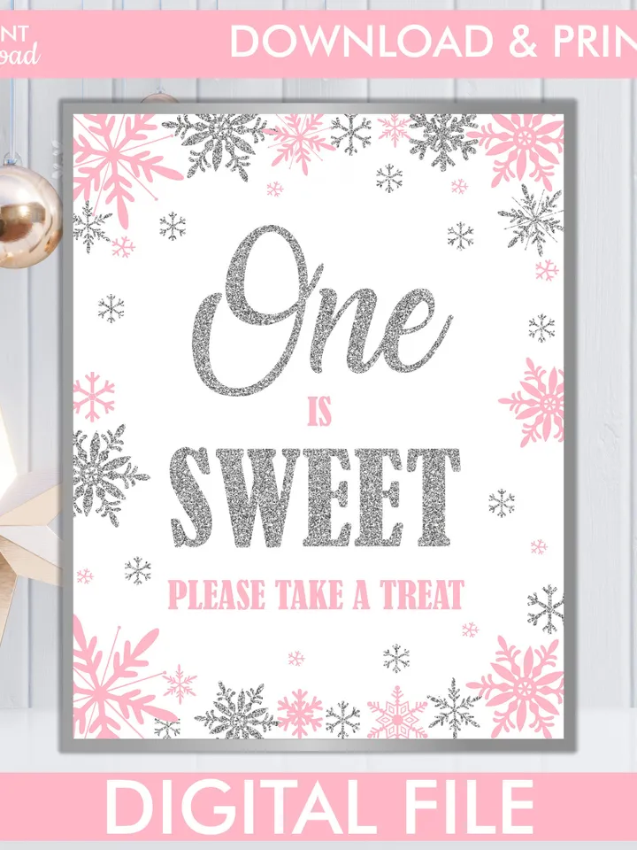 Winter Onederland Signs, Winter Onederland Birthday Girl Decorations, Pink Silver Snowflakes First Birthday Decorations Instant Download
