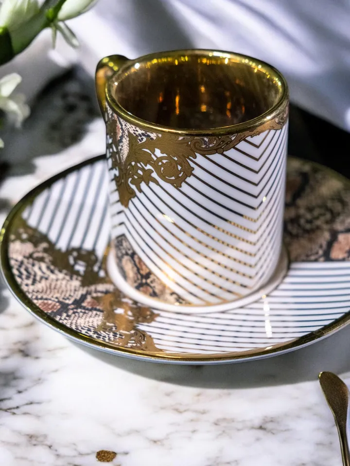 White and Gold Tea Cups and Saucers Set | Elegant White Porcelain Tea Cup Set with Golden Detailing | Elite Design Perfect Gift Idea