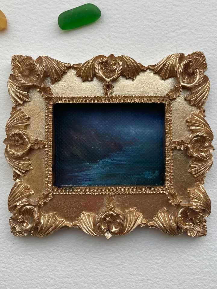 Small Landscape Oil Painting Framed Original Coast Painting Antique Ocean Art Gold Frame Tiny Paintings 3 x 4 Art